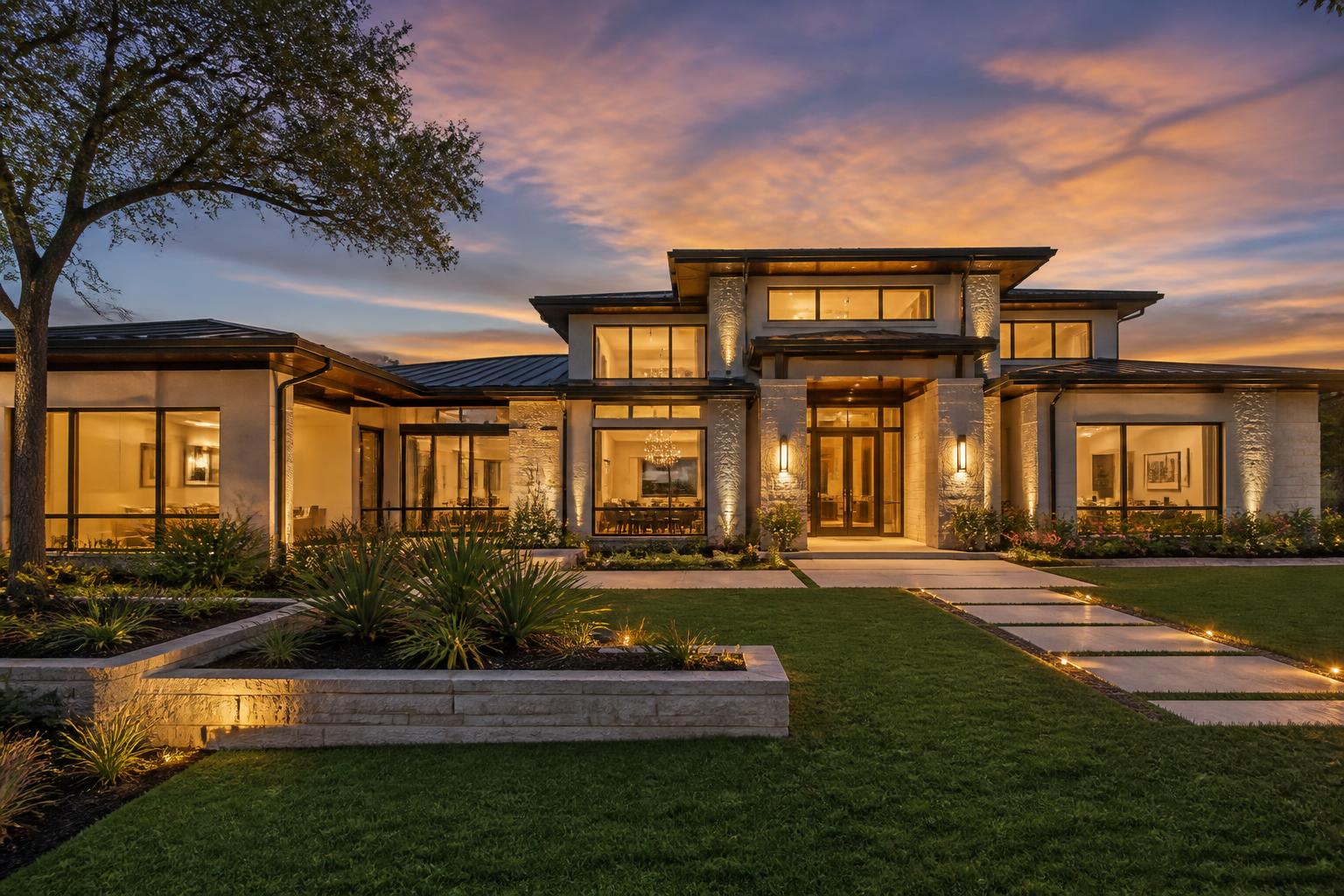 Modern luxury Texas home exterior at golden hour