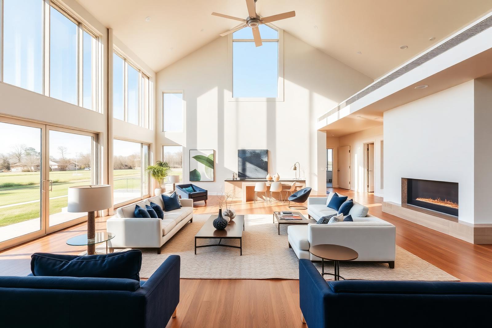 Bright modern Texas luxury home interior with navy accents